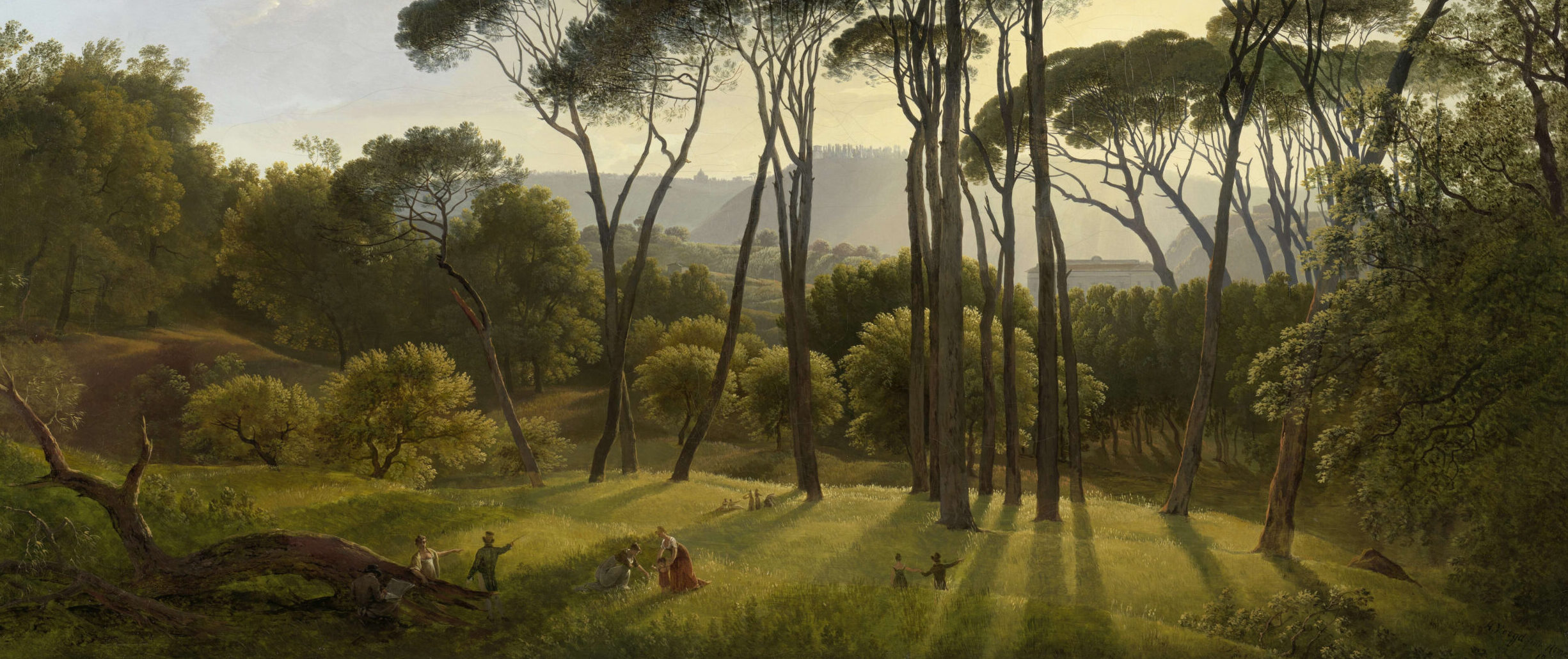 Dettaglio tratto da un dipinto di Hendrik Voogd raffigurante un paesaggio bucolico. Protagonisti assoluti sono gli alti pini che si stagliano al centro della scena.