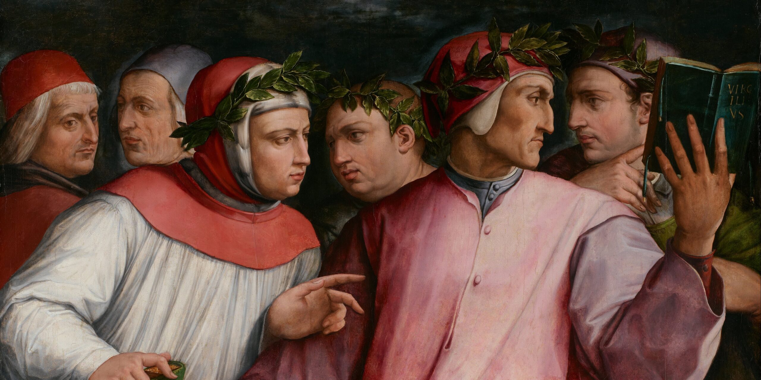 Dipinto di Giorgio Vasari raffigurante, da sinistra verso destra, i poeti toscani Cristoforo Landino, Marsilio Ficino, Francesco Petrarca, Giovanni Boccaccio, Dante Alighieri e Guido Cavalcanti