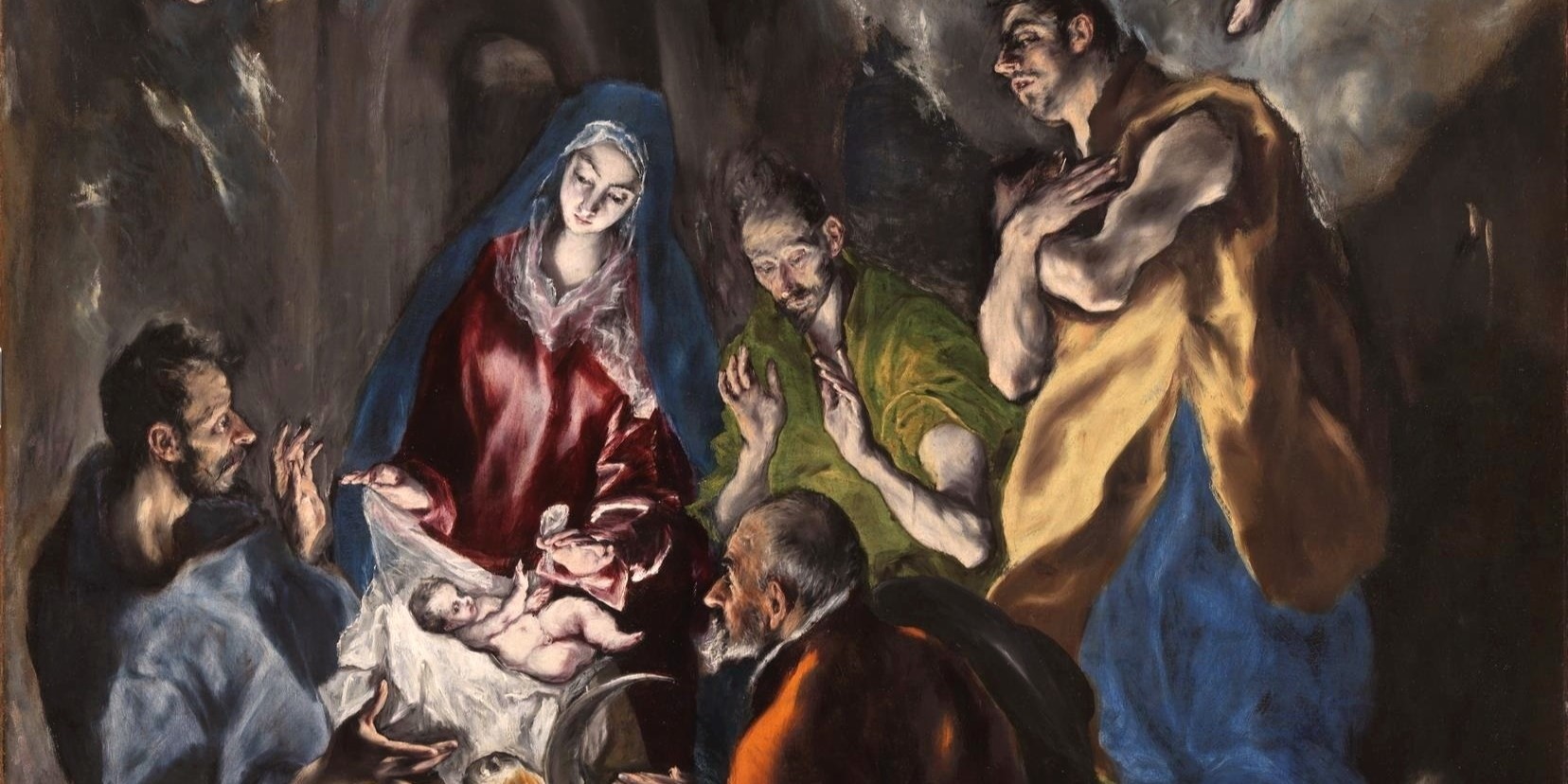 Dettaglio tratto dall'Adorazione dei pastori di El Greco. Su uno sfondo scuro si stagliano le figure luminose del bambinello, posto verso l'estremità sinistra del quadro, della Vergine e dei tre pastori che circondano la piccola culla.